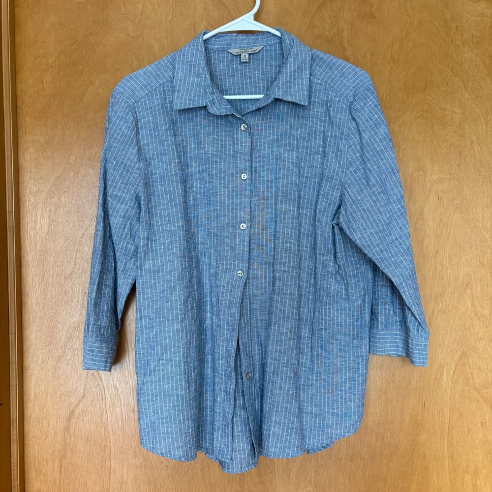 Hester‎ & Orchard Button Up Shirt Womens Medium Blue Pinstripe Linen Blend 3/4